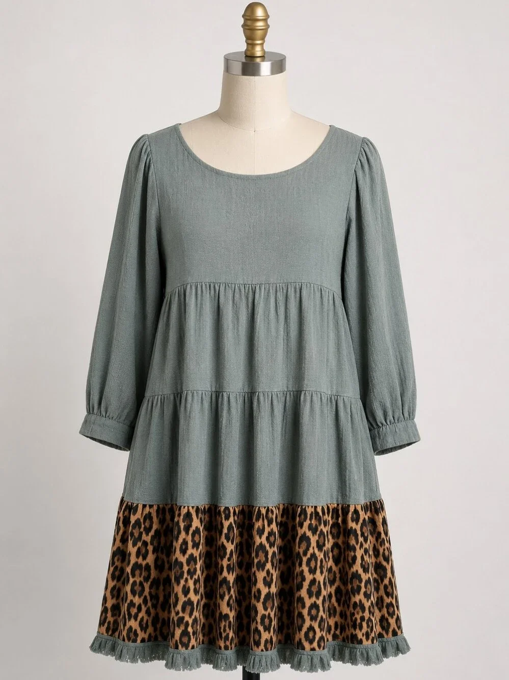 Umgee Sage Green Leopard Print Tiered Babydoll Dress | Boho Tunic Dress - Picture 2 of 5
